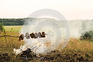 Roasting bread on open fire and smoke