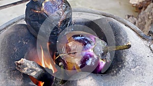 Roasting eggplant using iron tweezers on a traditional firewood stove. Uttarakhand India