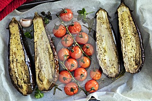 Roasting Eggplant and Vine Cherry Tomatoes on Oven Tray