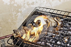 Roasting juicy meat steak with spices and herbs in burning charcoals fire on bbq grid