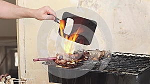 Roasting juicy meat steak with spices and herbs in burning charcoals fire on bbq grid, flames and smoke.