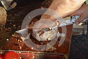Roasting kokorec in Turkey. Traditional Flavors.