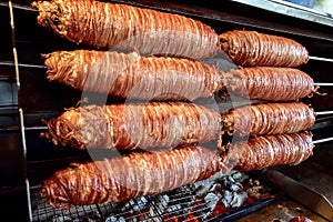 Roasting kokorec in Turkey. Traditional Flavors.