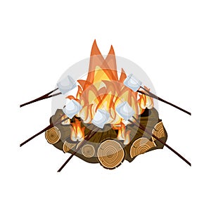 Roasting marshmallow on campfire isolated on white background.