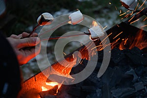 Roasting marshmallow on a fire at the evening.