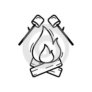 Roasting marshmallows on branches over a campfire. vector illustration