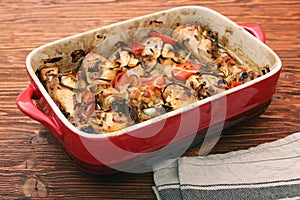 A roasting pan full of chicken thighs