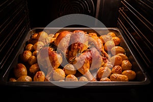 Roasting whole chicken and potatoes in the oven. Golden colored duck cooking in the oven. Baking bird meat and potato inside the
