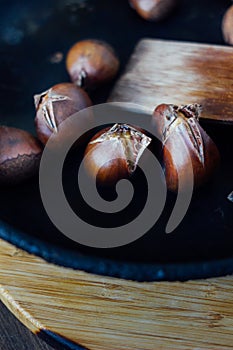 Roated chestnuts on pan
