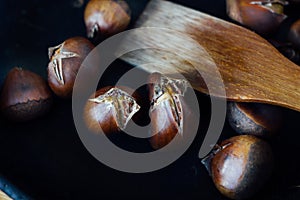 Roated chestnuts on pan