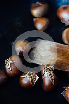 Roated chestnuts on pan