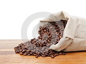 Roated coffee beans spill out of the bag