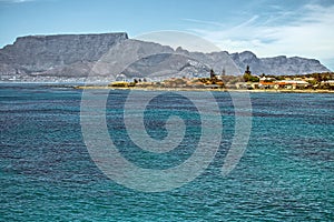 Robben Island seascape and Table mountain, Cape Town, South Africa
