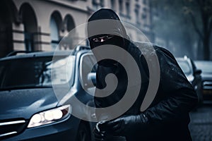 Robber black mask near car. Generate Ai