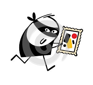 Robber in black mask runs away, stole a painting from museum. Vector illustration of stickman and masterpiece of world