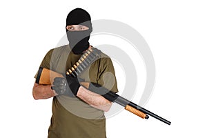 robber in black mask with shotgun