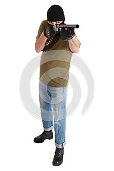 Robber in black mask with shotgun