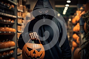 Robber black mask take pumpkin shop. Generate Ai