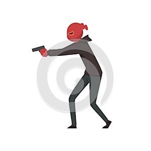 Robber or Burglar Dressed in Black Clothes and Mask Standing with Gun Vector Illustration