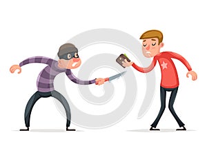 Robber Burglar Thief Robbery Steal Purse from Helpless Scared Guy Character Icon Cartoon Design Template Vector