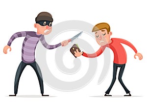 Robber Burglar Thief Robbery Steal Purse from Helpless Scared Guy Character Isolated Icon Cartoon Design Template Vector