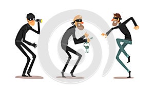 Robber Characters Set, Male Burglars Dressed Black Clothing in Masks Committing Crime Cartoon Vector Illustration