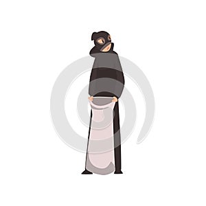 Robber Dressed in Black Clothes and Mask Standing with Money Bag Vector Illustration
