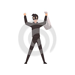 Robber Dressed in Black Clothes and Mask Standing with Raised Hands and Money Bag Vector Illustration