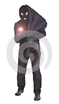 Robber with flashlight and sack