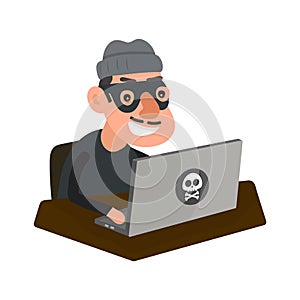 Robber hacker with laptop computer.