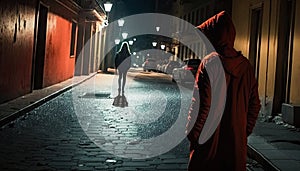 Robber in hood watches woman silhouette walking alone dark street, suspicious man hunts for female
