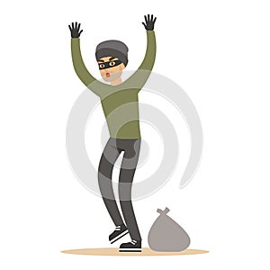 Robber man in black mask holding hands up. Colorful cartoon character vector Illustration