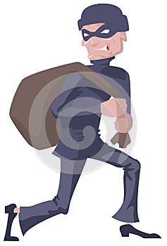 Robber in a mask carries bag. Man robber