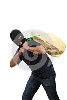 Robber in a mask carries bag with money