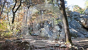 Robber`s Cave State Park, cave trail with rocks and autumn colors