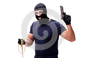 The robber wearing balaclava isolated on white