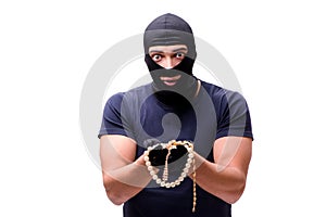 The robber wearing balaclava isolated on white