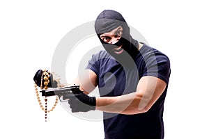 The robber wearing balaclava isolated on white