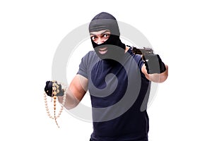 The robber wearing balaclava isolated on white