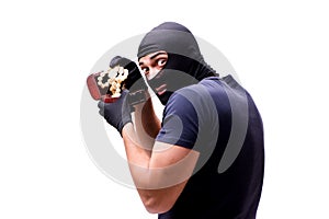 The robber wearing balaclava isolated on white