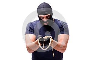 The robber wearing balaclava isolated on white