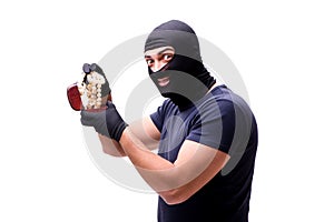 The robber wearing balaclava isolated on white