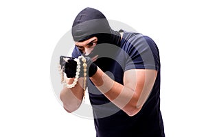 The robber wearing balaclava isolated on white