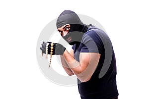 The robber wearing balaclava isolated on white