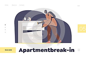 Robbery and apartment break-in concept of landing page with housebreaker steal jewelry from drawer photo