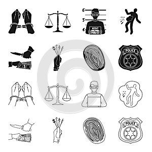 Robbery attack, fingerprint, police officer badge, pickpockets.Crime set collection icons in black,outline style vector