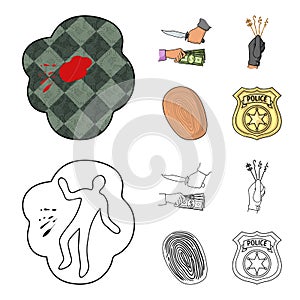 Robbery attack, fingerprint, police officer badge, pickpockets.Crime set collection icons in cartoon,outline style