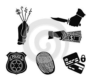 Robbery attack, fingerprint, police officer`s badge, pickpockets.Crime set collection icons in black style vector symbol