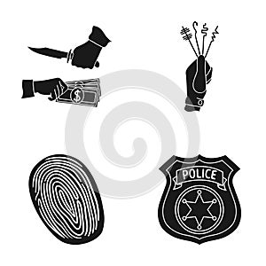 Robbery attack, fingerprint, police officer`s badge, pickpockets.Crime set collection icons in black style vector symbol