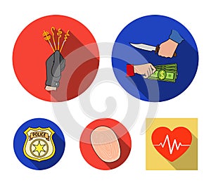 Robbery attack, fingerprint, police officer`s badge, pickpockets.Crime set collection icons in flat style vector symbol